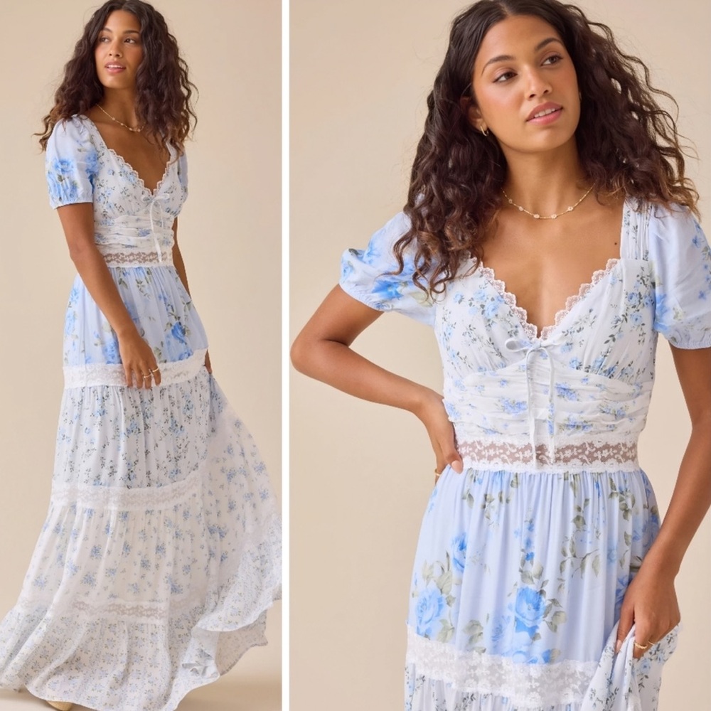 Altar'd State Light Blue Floral Lace Trim Maxi Dress